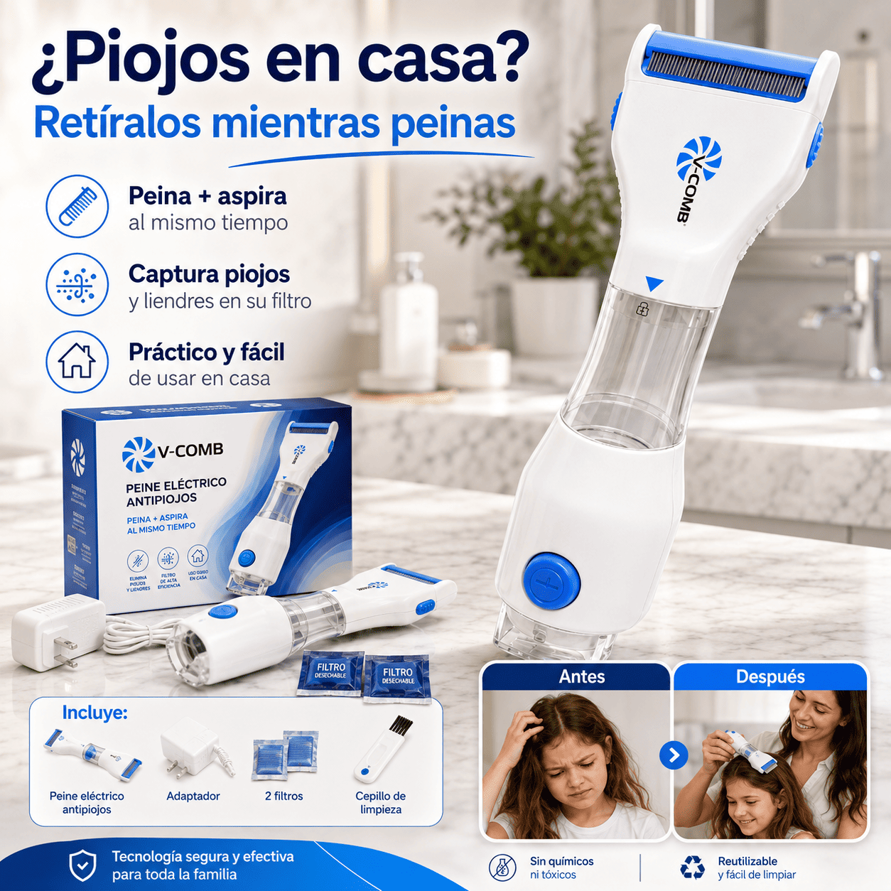 Peine Eléctrico Antipiojos con Aspiración